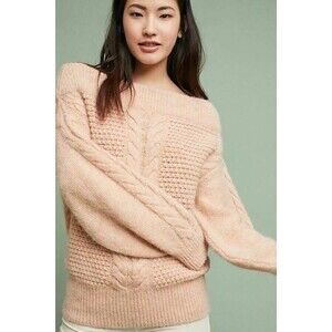 Anthropologie Sleeping On Snow Blush Off the Shoulder Cable Knit Sweater S